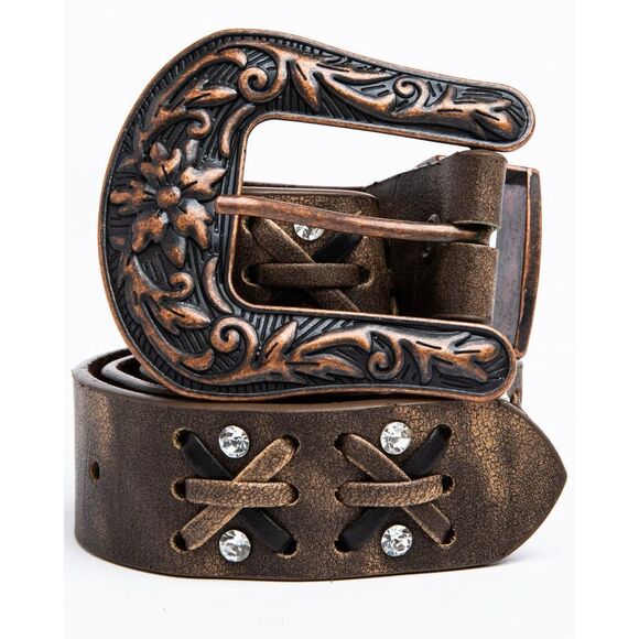 Nomad Western Leather Criss Cross Studded Belt Floral Buckle Brown Medium NEW